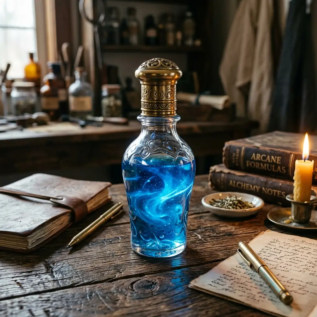 Glass vial containing glowing blue liquid