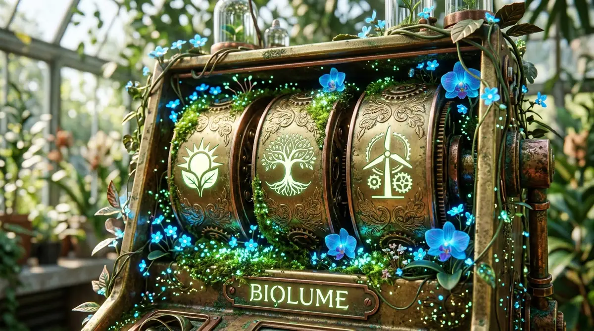 Brass slot machine reels covered in glowing moss