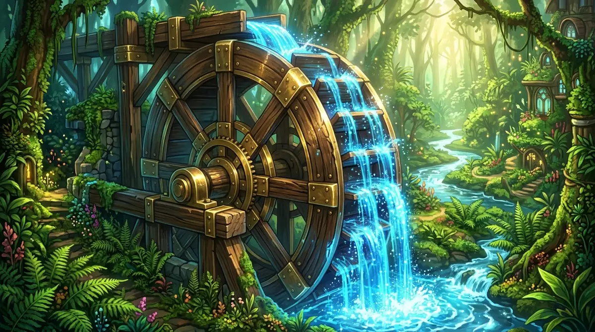 Wooden and brass water wheel catching glowing blue drops