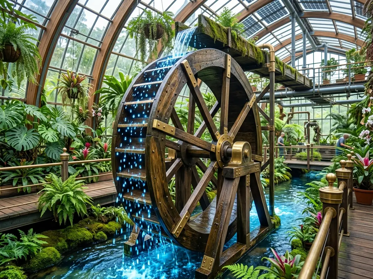 Majestic wooden and brass water wheel
