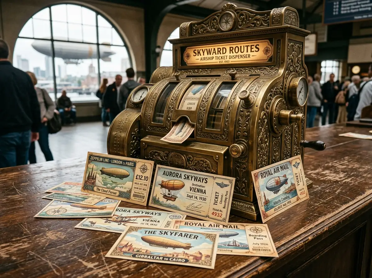 Beautifully illustrated vintage airship tickets scattered