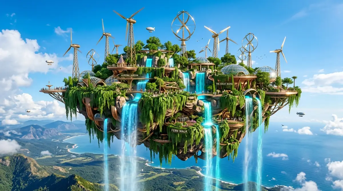 Floating solarpunk island in the clouds